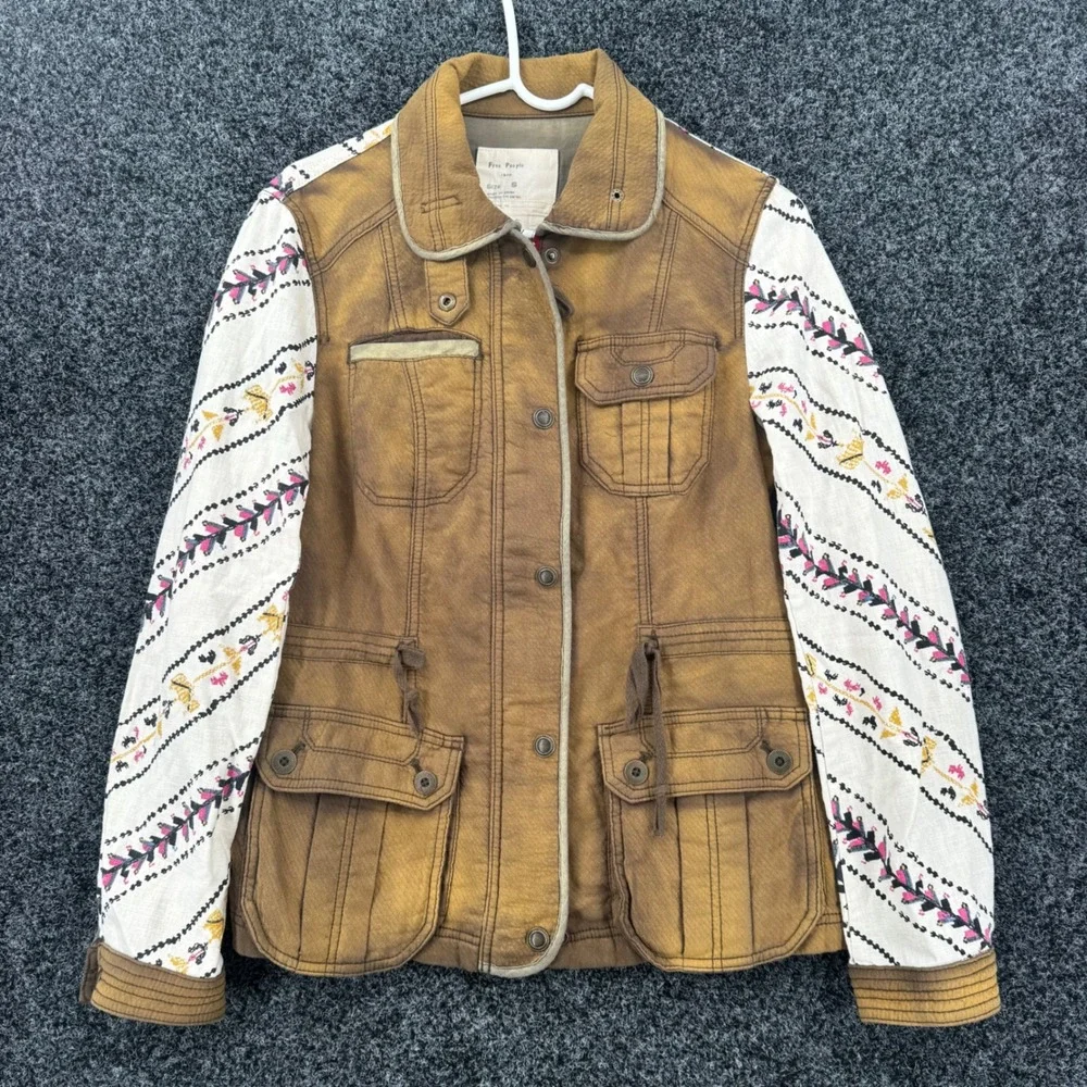 Free People 1970 Mixed Media Military Field Jacket Brown Embroidered Sleeves S